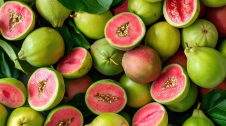 A stunning collection of fresh green pears and ripe pink guavas showcases their vibrant colors and textures, perfect for healthy culinary creations.の素材