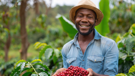 A joyful farmer proudly displays a basket of freshly harvested coffee cherries against a backdrop of lush greenery, showcasing agricultural tradition and sustainable practices.の素材