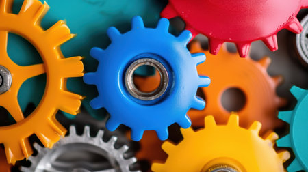 A close-up view of colorful gears in various shades showcases intricate mechanisms. Ideal for projects related to engineering, design, and innovation.の素材