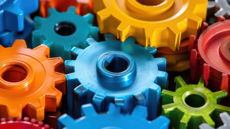 This image showcases a vibrant collection of mechanical gears in assorted colors and sizes, ideal for illustrating themes of engineering, industry, and innovation.の素材