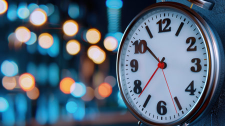 A beautifully detailed close-up of a retro clock showcasing time with a soft bokeh background of colorful lights, conveying a sense of calm and nostalgia.の素材