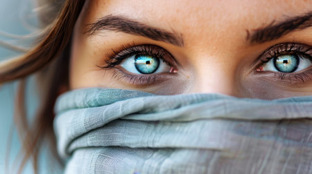 A captivating close-up portrait of a woman with mesmerizing blue eyes partially covered by a soft scarf, evoking feelings of beauty and elegance.の素材