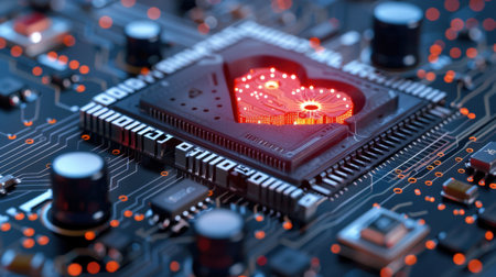 A stunning close-up of a heart shape design on a circuit board, illuminated in red. This captivating image captures the fusion of technology and emotion in a modern digital landscape.の素材