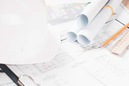helmet and tools for construction drawings and construction drawings