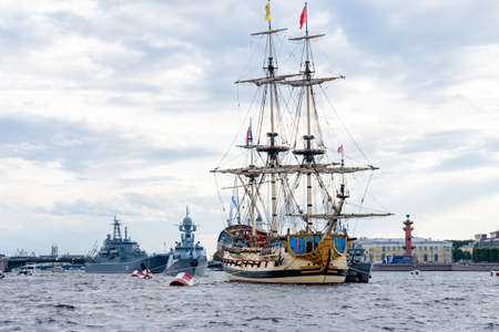 the Day of the Russian Navy Naval Parade Military destroyers on the Neva. Bridges of St. Petersburg....