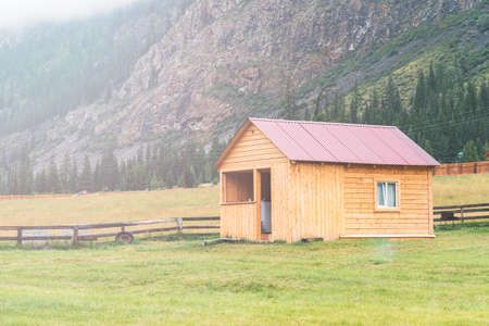 wooden house on in the mountains, recreation center in the mountains, cottages in the valley of the mountains,の写真素材