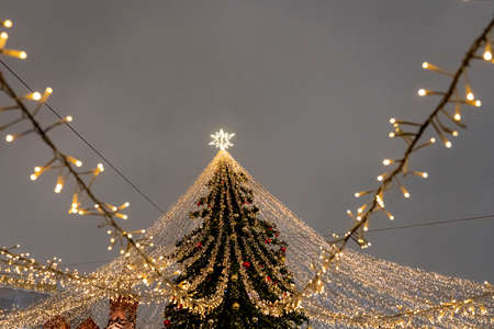 Christmas tree in Moscow, Christmas and New Year celebrations decoration of city streets. beautiful illumination of various city buildings at Christmas in Moscowの写真素材