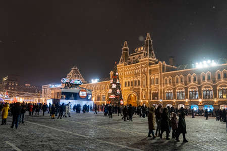 Moscow Russia January 11 2021. GUM in Moscow, Christmas and New Year festivities decoration of city streets. beautiful illumination of various city buildings at Christmas in Moscowのeditorial素材