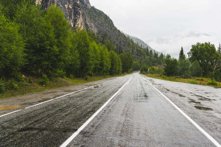 A picturesque view of the bend of the hairpin of a wet winding road through the pass, part of a mountain serpentine in cloudy weather with fog, a deserted straight mountain road on a rainy day. selective focusingの写真素材
