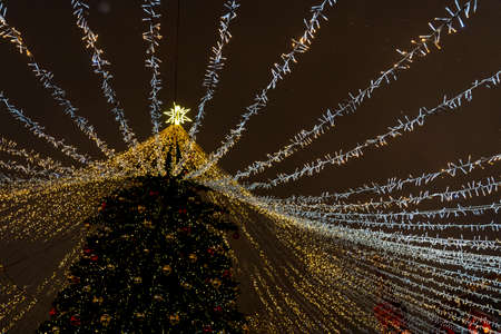 Russia, Moscow January 11 2021, Christmas in Moscow, Christmas and New Year festivities decoration of city streets. beautiful illumination of various city buildings at Christmas in Moscowのeditorial素材