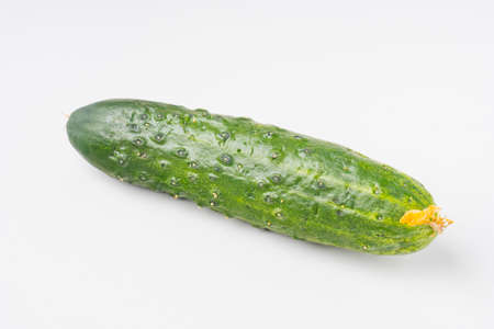 fresh green cucumber with pimples on a white background, the concept of healthy food and non-gmo products, selective focusing, macro photos from different angles, reflection on whiteの写真素材