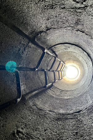 stairs from a deep well, concept, light at the endの写真素材