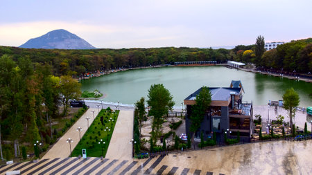 Fountain in the middle of the resort lake of theのeditorial素材