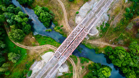 railway bridge over a small river close-up viewの写真素材