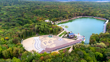 Fountain in the middle of the resort lake of theのeditorial素材