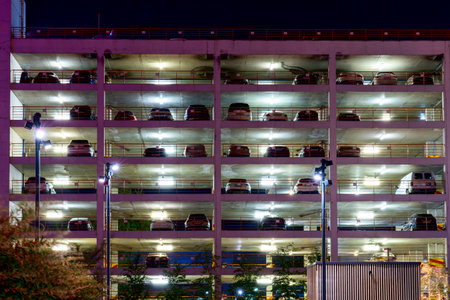 Multi-level parking in Moscow at nightのeditorial素材