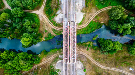 railway bridge over a small river close-up viewの写真素材