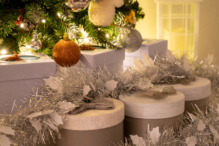 beautiful Christmas gifts under the tree, tinsel