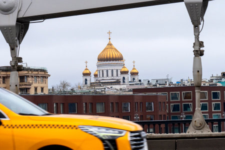 A taxi car in Moscow, drives across the Crimeanのeditorial素材