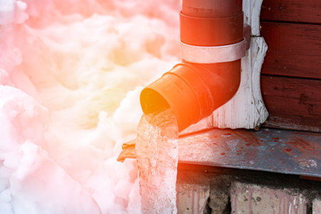 frozen water in downspout gutter of the roofの写真素材