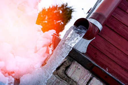 frozen water in downspout gutter of the roof