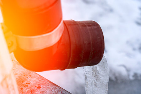 frozen water in downspout gutter of the roofの写真素材