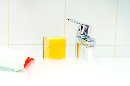 Cleaning plumbing with cleaning products, gloveの写真素材