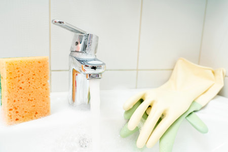 Cleaning plumbing with cleaning products, gloveの写真素材