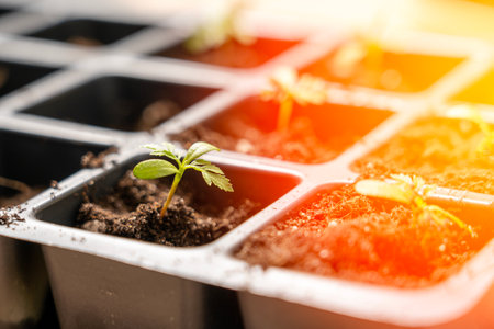 flower seedlings, planting small flowers in meshの写真素材