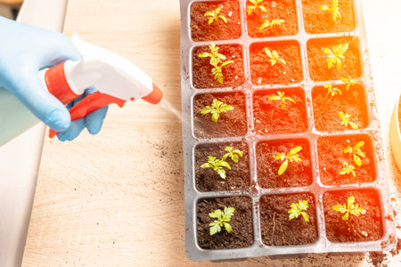flower seedlings, planting small flowers in meshの写真素材