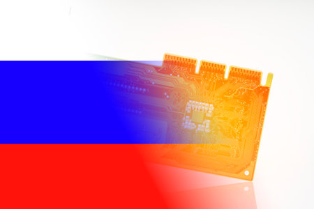 computer chip on the background of the Russianの写真素材