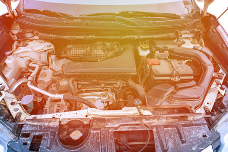 engine compartment of the car,solar illuminationの写真素材