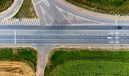 highway view from top to bottom, truck drivingの写真素材