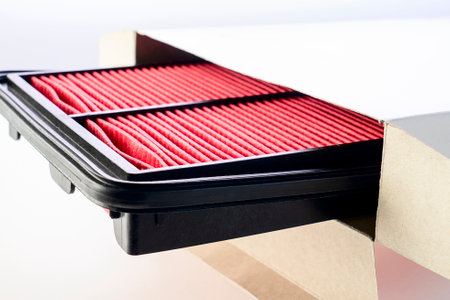big air filter, auto spare part, clipping path, on white background close-up, filter for car engine, spare part on white background, car maintenance copy space, macroの写真素材