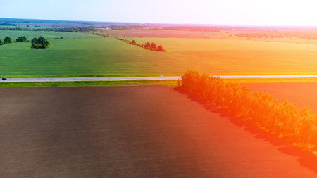 spring plowing of fields view from a height. high quality photoの写真素材