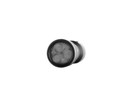 black LED modern handheld flashlight highlighted on white background, aluminum housing, two-way...