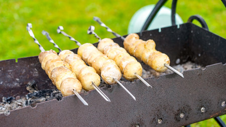 Mushrooms on grill. cooking mushrooms on the grill, baked mushrooms on an open fire.の写真素材