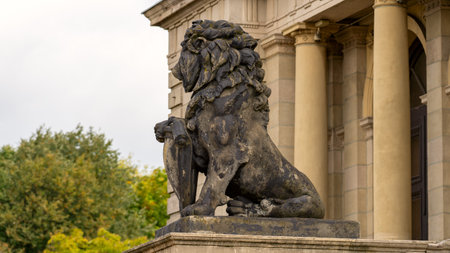 Russia Kaliningrad September 23 2024, Kaliningrad stock exchange building, Sculpture of lion with shield close-upのeditorial素材