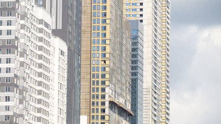 Moscow, March 23 03 2024, Residential high-rise buildings close-up.