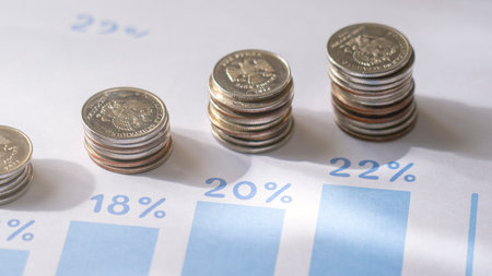 Coins on the background of a graph with percentages, the concept of progressive taxation of...