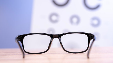 Vision check through glasses, with glasses on the table and a vision check chart in the background....