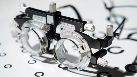 A device for measuring vision, a control frame, an optometrist, a test frame for checking vision,...