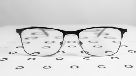 A pair of black glasses sits on a white background. The glasses are black and have a silver frame....