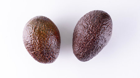 Two avocados are sitting on a white background. They are both brown and have a rough textureの写真素材
