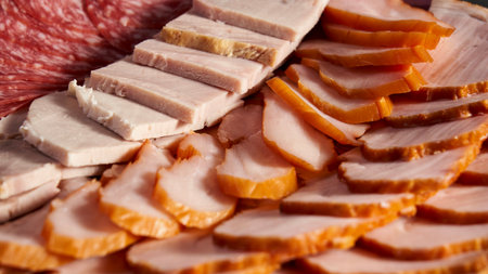 A variety of meats are displayed on a platter, including ham, turkey, and roast beefの写真素材