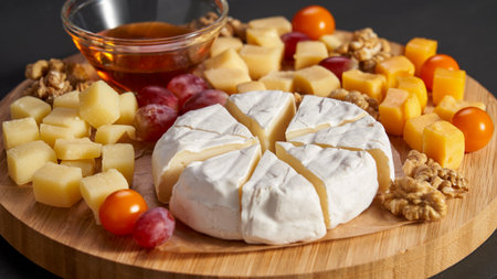 A wooden board with a variety of cheeses and fruits, including a wedge of cheese with a walnut on topの写真素材