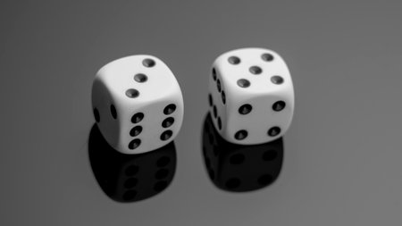 Two white dice are on a black background. The dice are facing each other and are in a mirror image