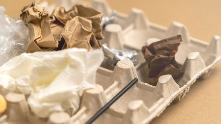 A cardboard box with trash in it, including a piece of paper and a chocolate bar. The box is on a tableの写真素材