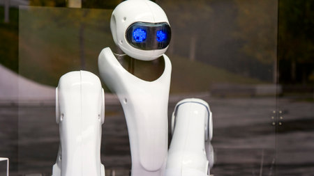 A robot with blue eyes stands in front of a window. The robot is white and has a blue faceの写真素材