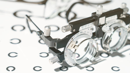 A pair of eyeglasses with a black frame and a white lens. The eyeglasses are placed on a white...